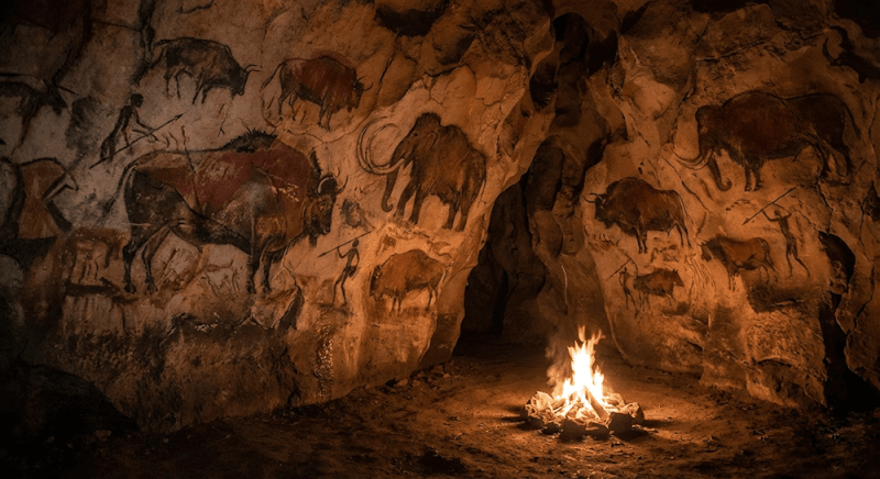 Prehistoric cave paintings of animals and hunters